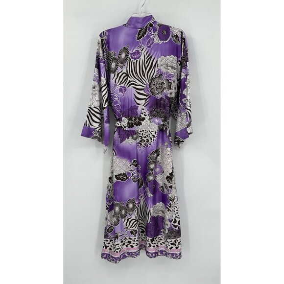 NATORI CRUZ 2 PIECE SET robe slip nightgown satin floral midi kimono purple L - Picture 6 of 13